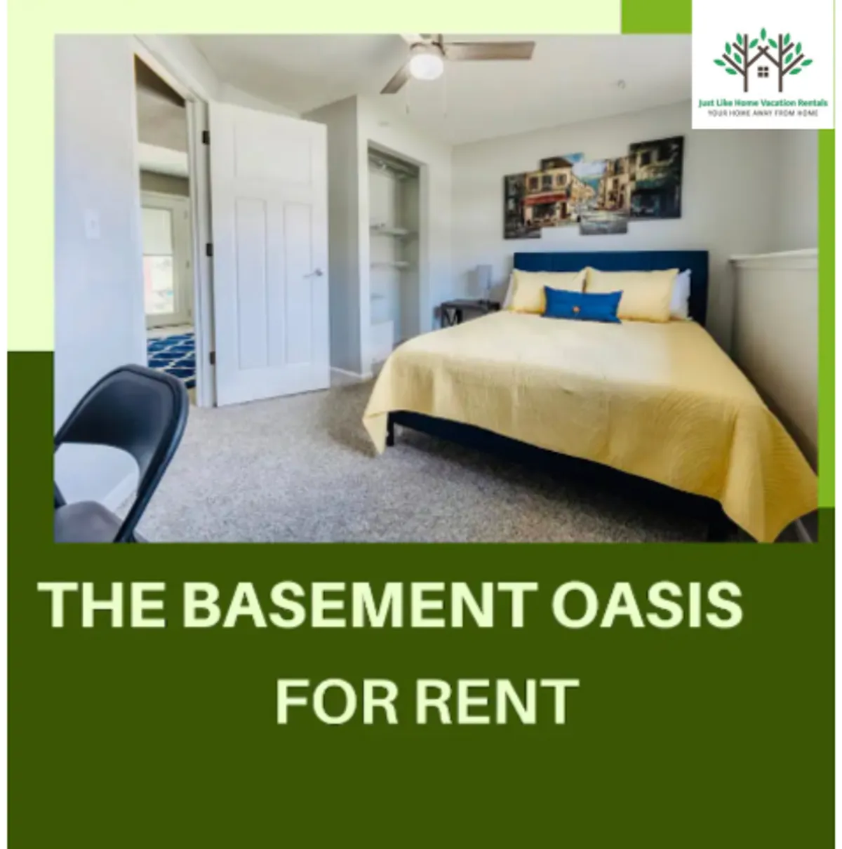 A cozy basement apartment bedroom featuring a plush bed with cheerful yellow bedding, a stylish chair in the corner perfect for reading or relaxing, and tasteful artwork adorning the walls, all bathed in soft, inviting lighting that creates a peaceful retreat atmosphere.